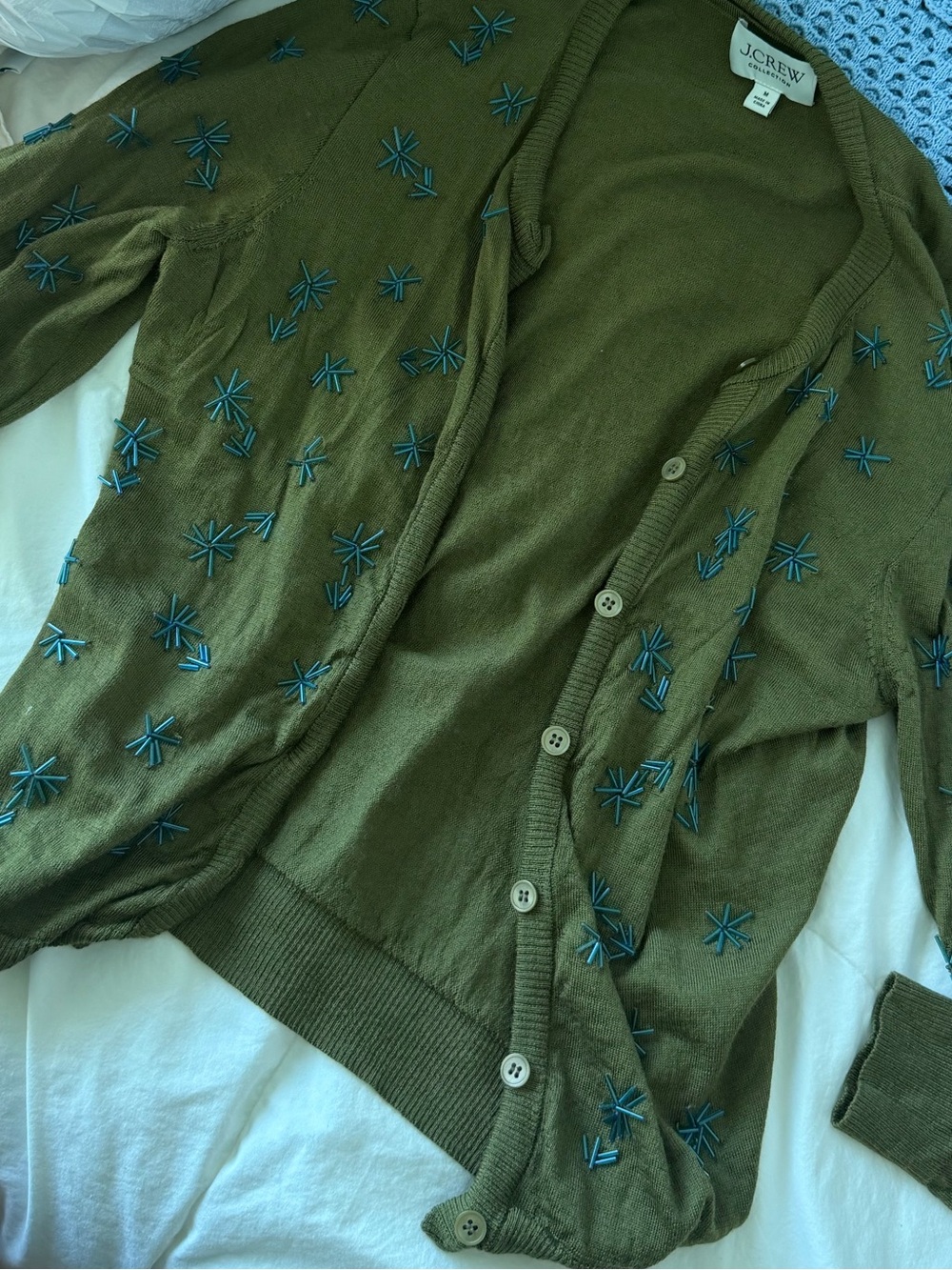 J. Crew Olive Green Cardigan with Blue Embroidered Stars